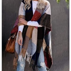 🔥 Women Boho Buffalo Plaid Poncho Pashmina Shawl Wrap Cape Sweater